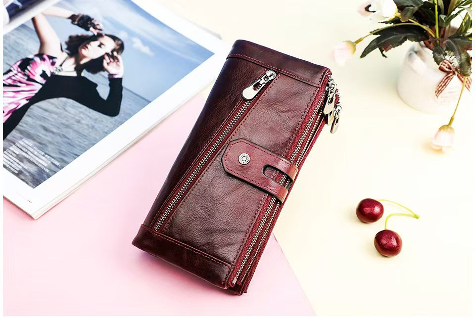 Three-fold buckle genuine leather women RFID Blocking Wallet