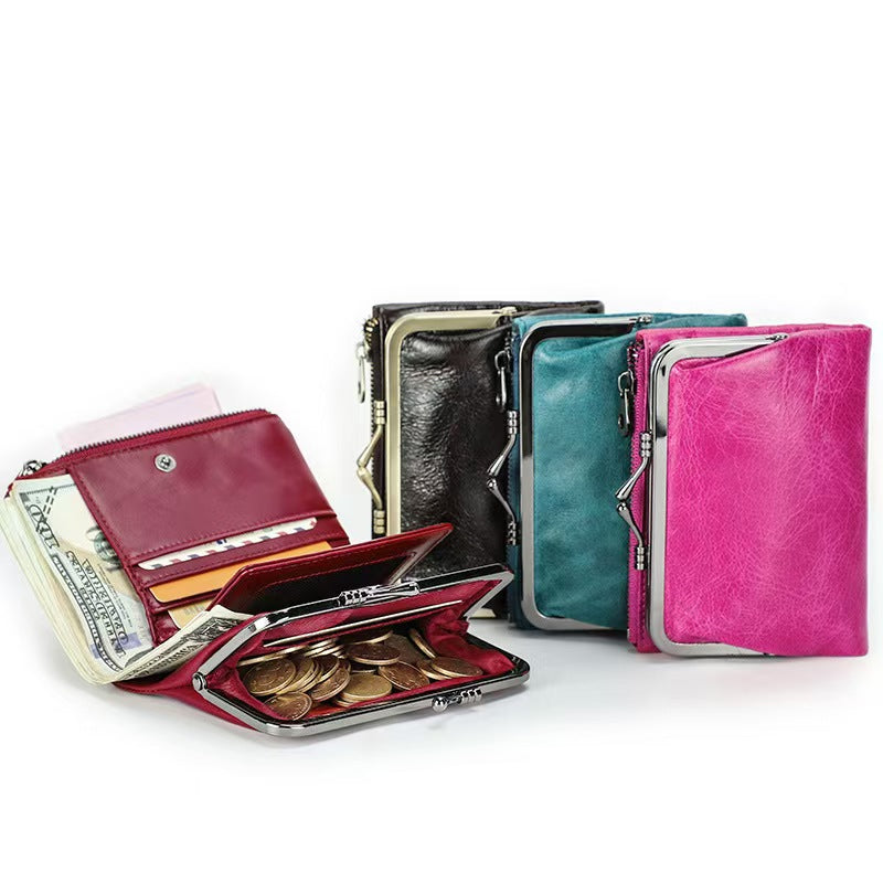 Ladies genuine leather iron clip wallet RFID Blocking Wallet