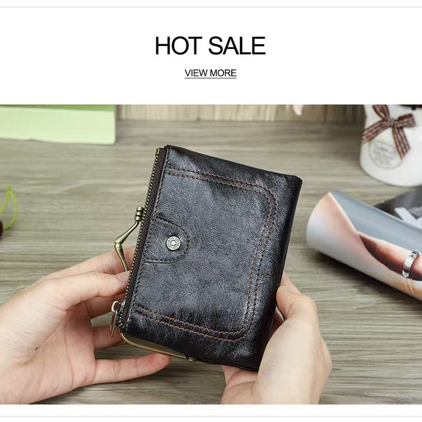 Ladies genuine leather iron clip wallet RFID Blocking Wallet