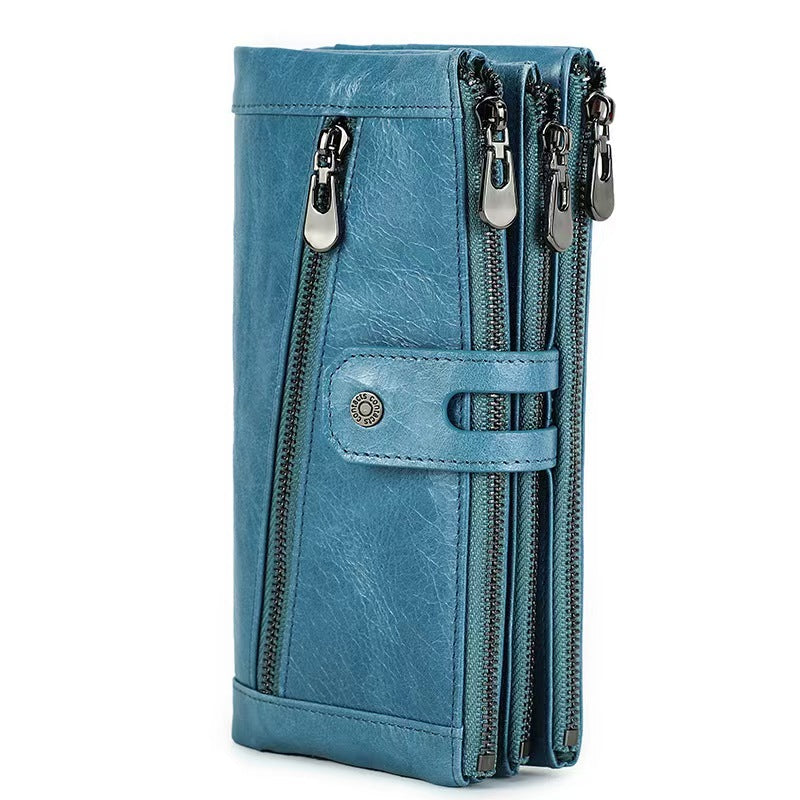 Three-fold buckle genuine leather women RFID Blocking Wallet