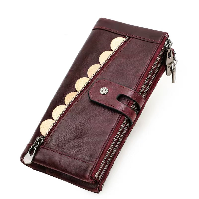 Three-fold buckle genuine leather women RFID Blocking Wallet