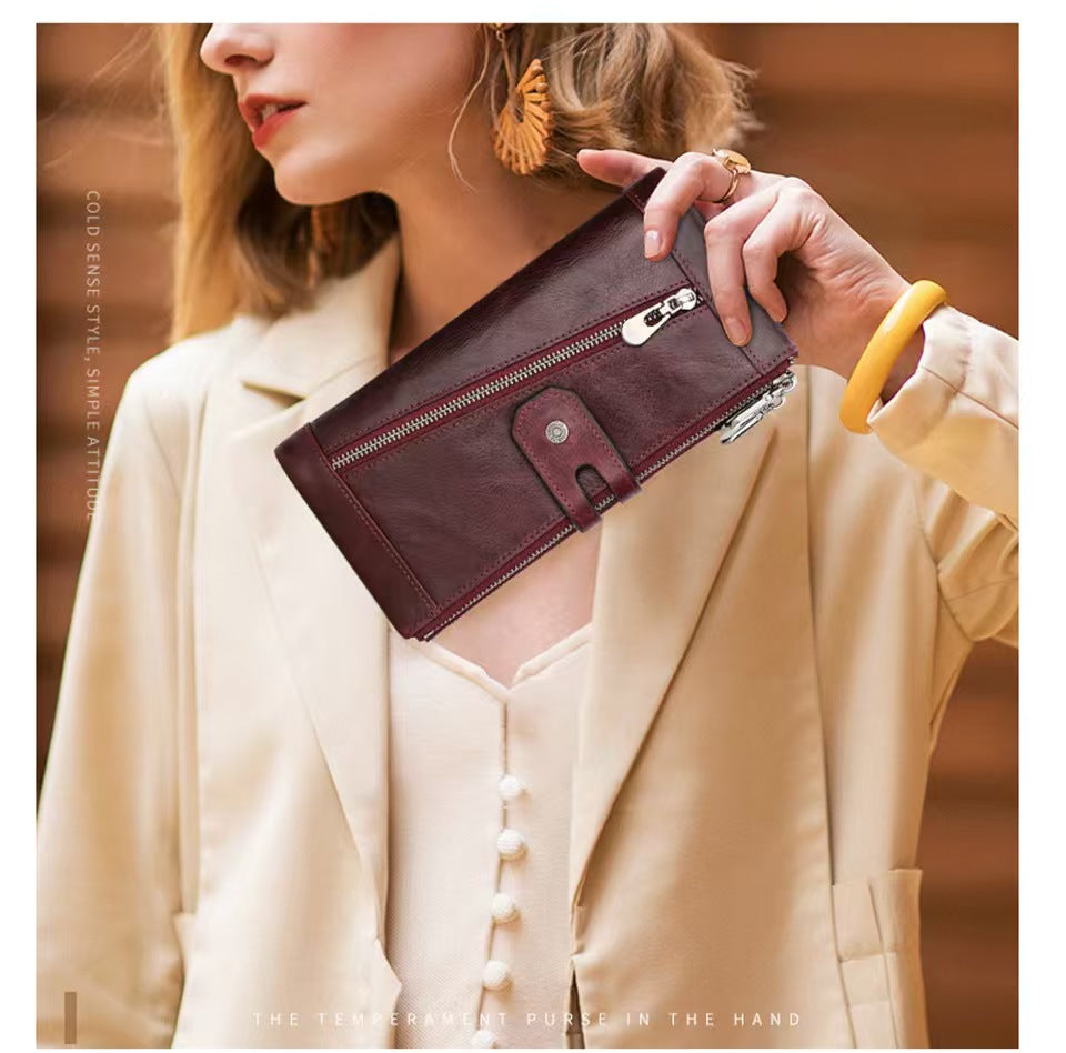 Three-fold buckle genuine leather women RFID Blocking Wallet