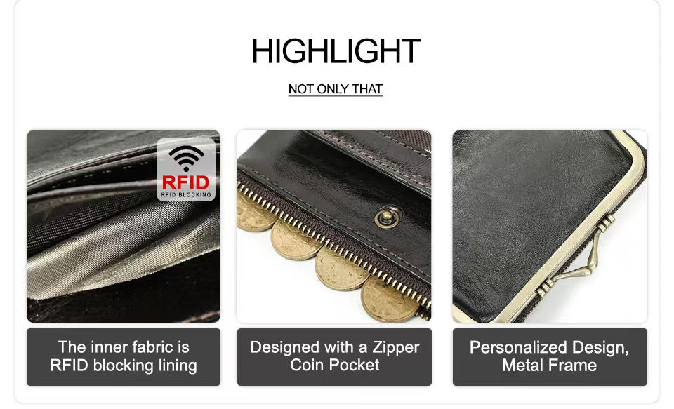 Ladies genuine leather iron clip wallet RFID Blocking Wallet