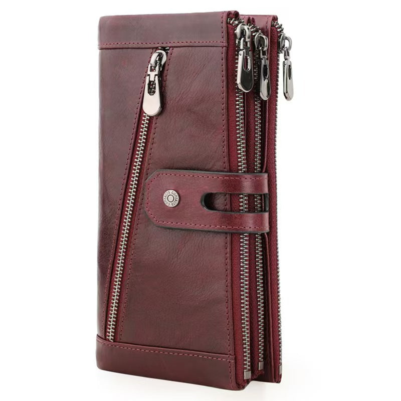 Three-fold buckle genuine leather women RFID Blocking Wallet