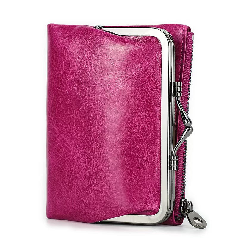 Ladies genuine leather iron clip wallet RFID Blocking Wallet