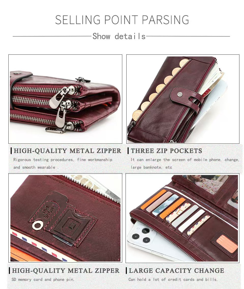 Three-fold buckle genuine leather women RFID Blocking Wallet