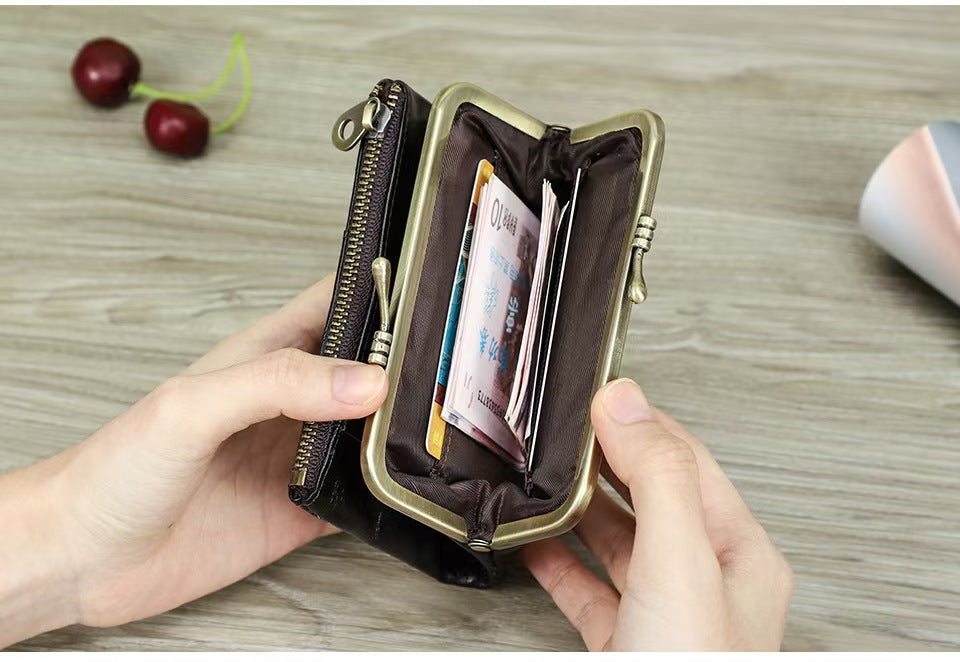 Ladies genuine leather iron clip wallet RFID Blocking Wallet