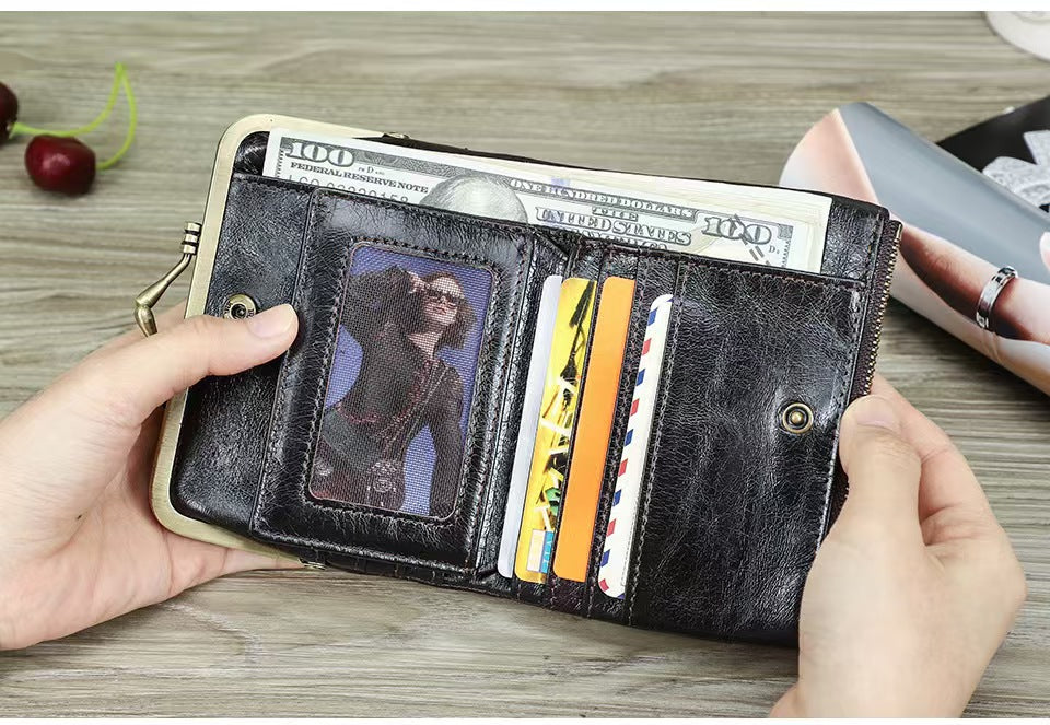 Ladies genuine leather iron clip wallet RFID Blocking Wallet