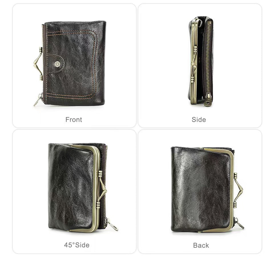 Ladies genuine leather iron clip wallet RFID Blocking Wallet