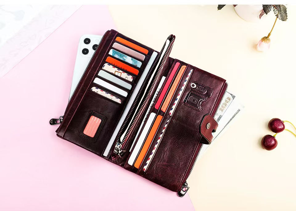 Three-fold buckle genuine leather women RFID Blocking Wallet