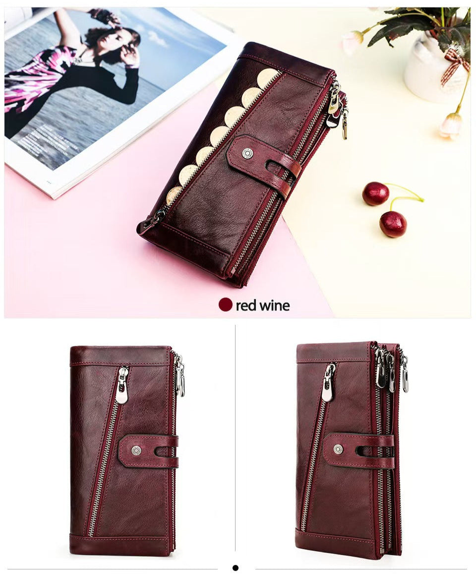 Three-fold buckle genuine leather women RFID Blocking Wallet