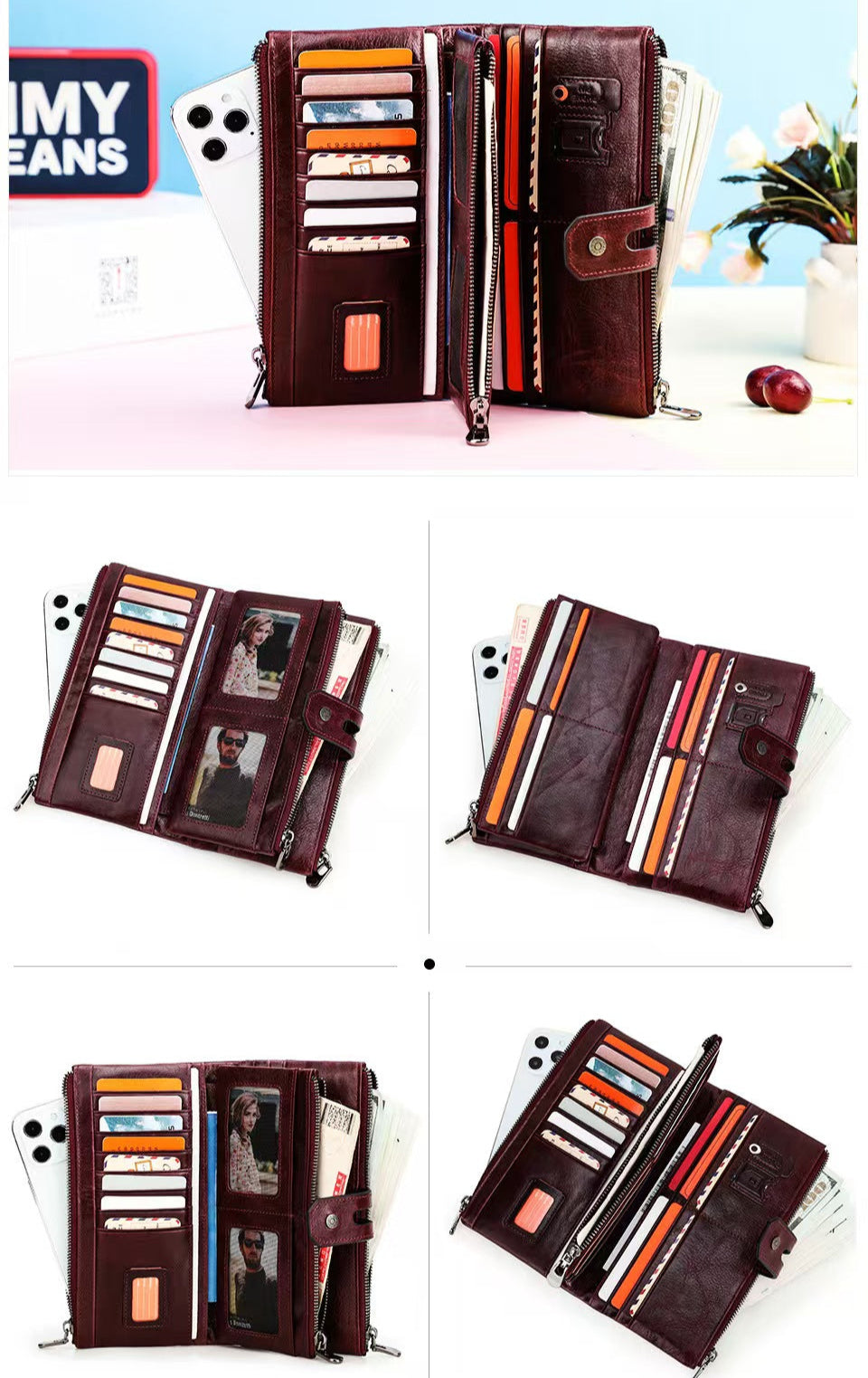 Three-fold buckle genuine leather women RFID Blocking Wallet