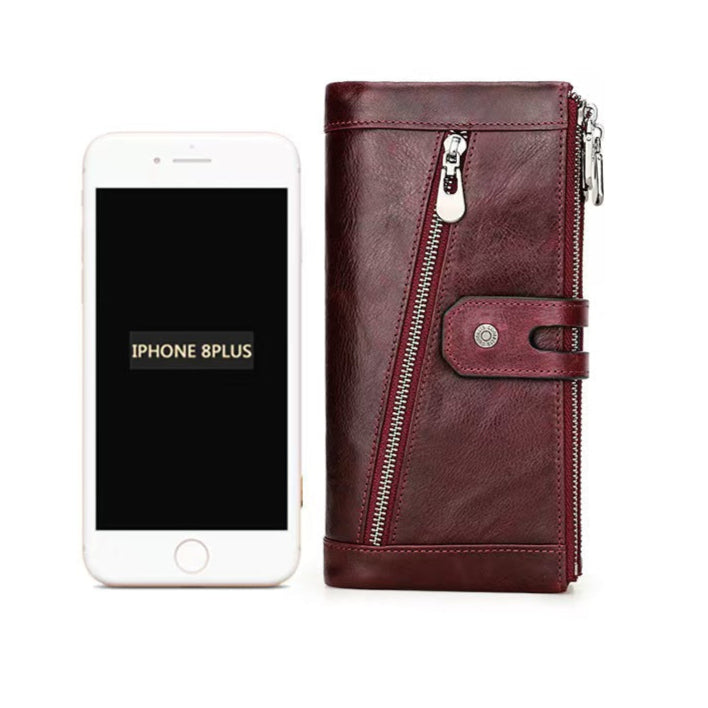 Three-fold buckle genuine leather women RFID Blocking Wallet