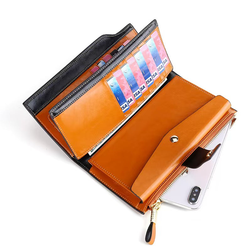 Vintage long waxed leather rfid wallet women