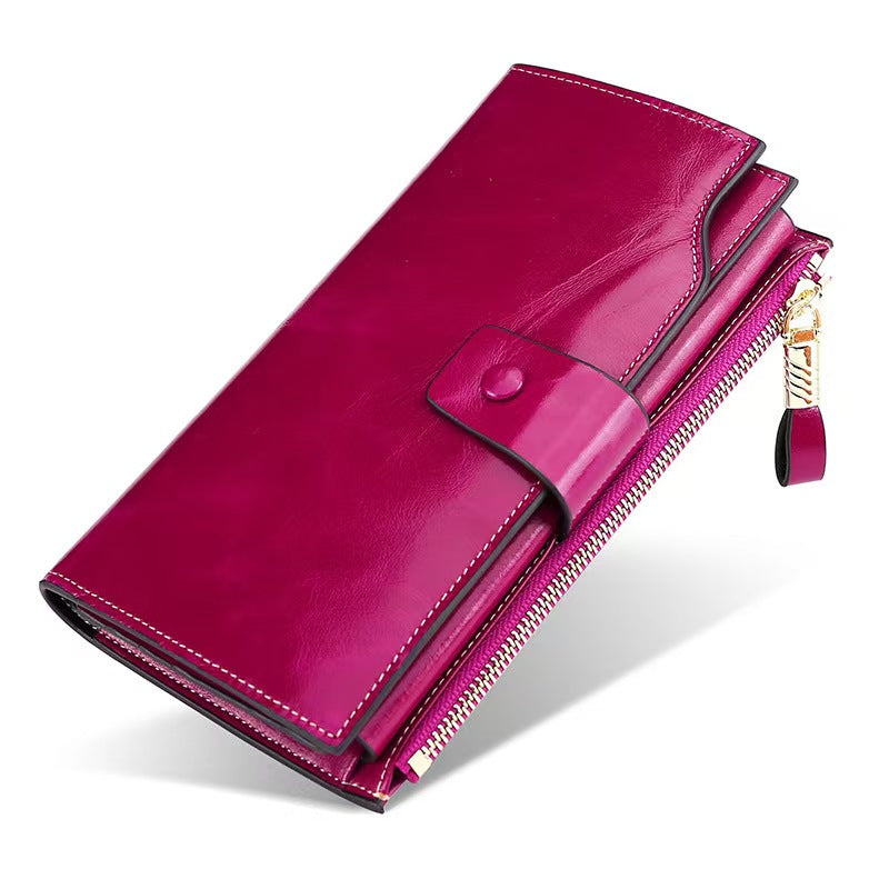 Vintage long waxed leather rfid wallet women