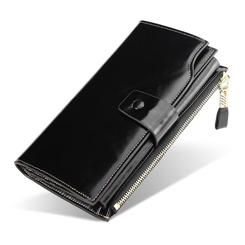 Vintage long waxed leather rfid wallet women