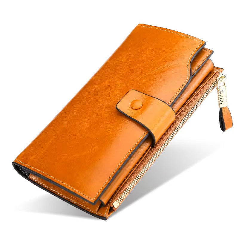 Vintage long waxed leather rfid wallet women