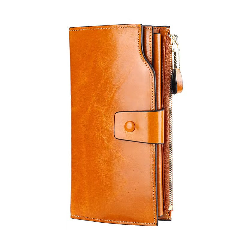 Vintage long waxed leather rfid wallet women