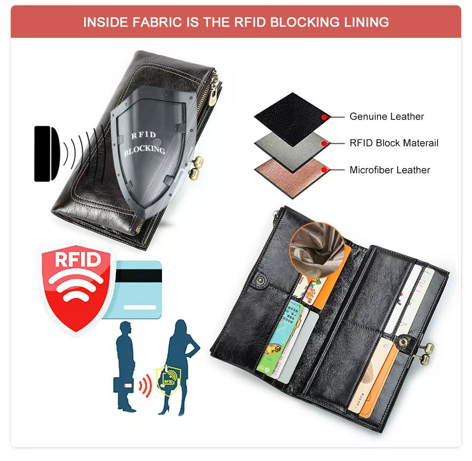 Long leather iron for women RFID Blocking Wallet