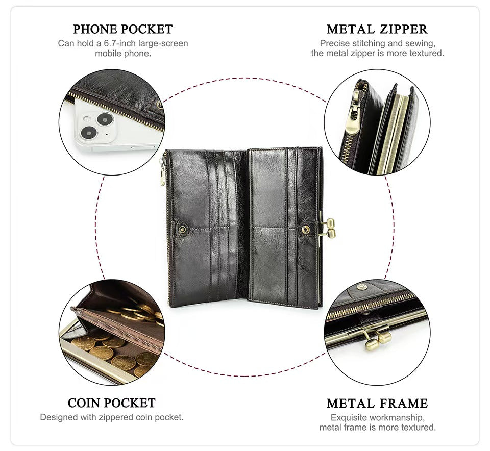 Long leather iron for women RFID Blocking Wallet