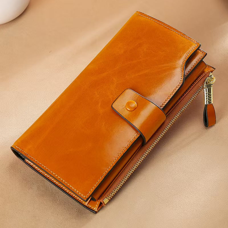 Vintage long waxed leather rfid wallet women