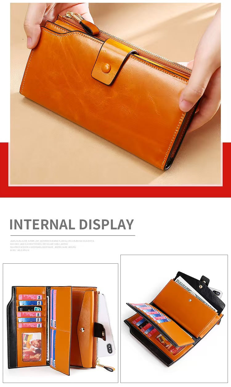 Vintage long waxed leather rfid wallet women