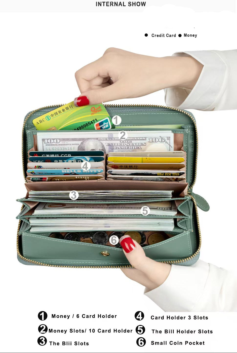 Long zipper with large capacity rfid wallet