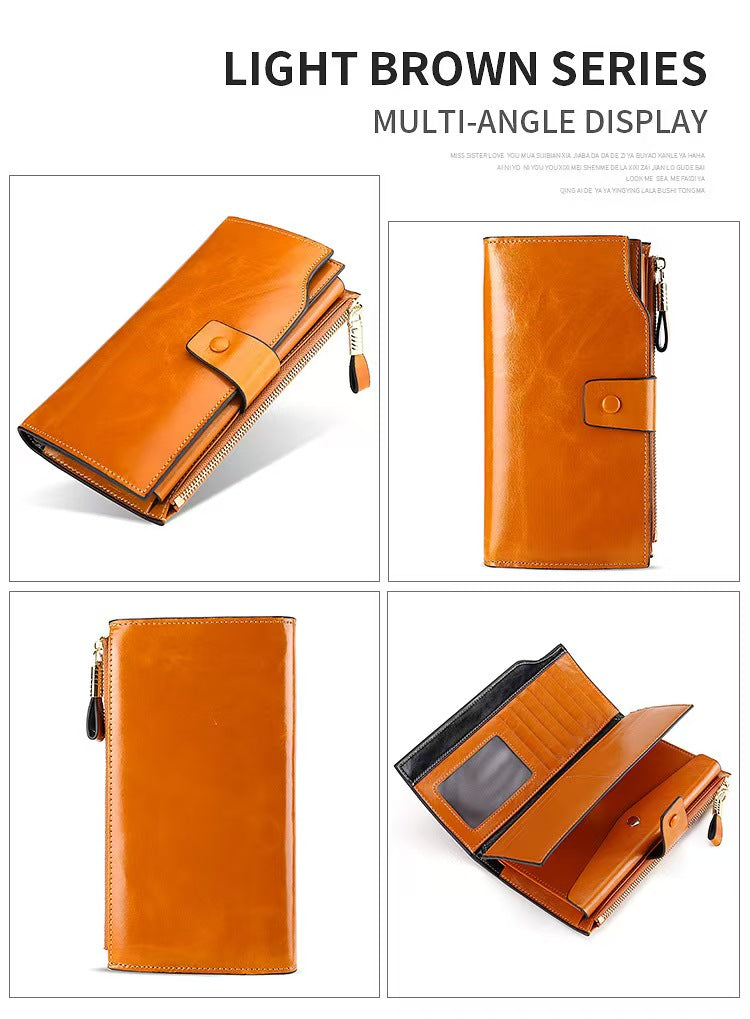 Vintage long waxed leather rfid wallet women