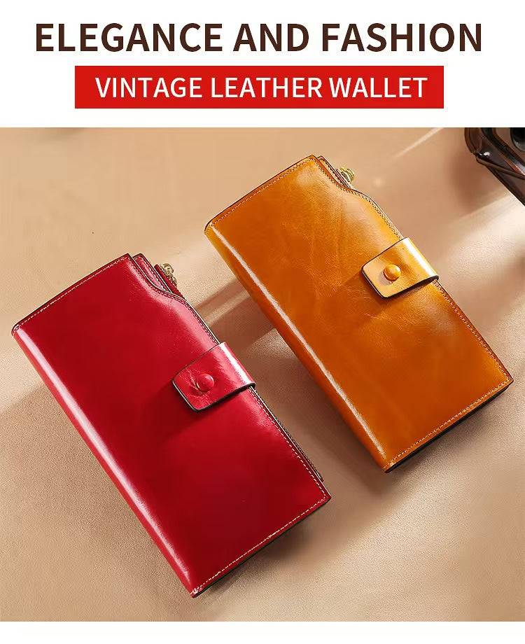 Vintage long waxed leather rfid wallet women