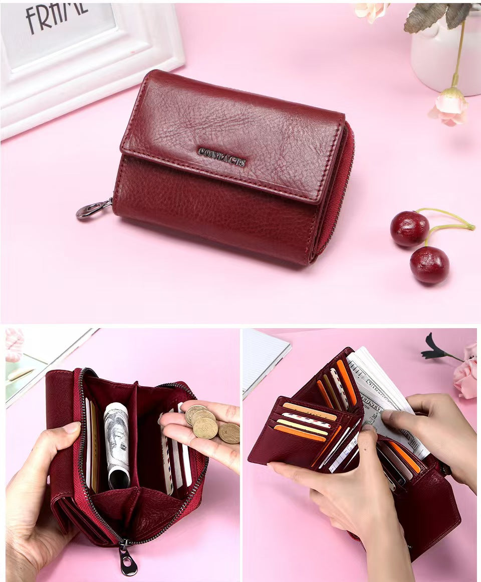 Genuine leather fashion anti-theft brush women's wallets rfid