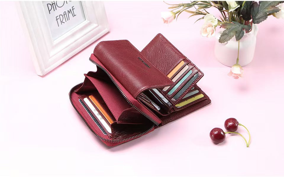 Genuine leather fashion anti-theft brush women's wallets rfid