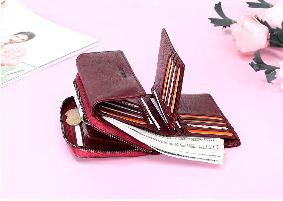 Genuine leather fashion anti-theft brush women's wallets rfid