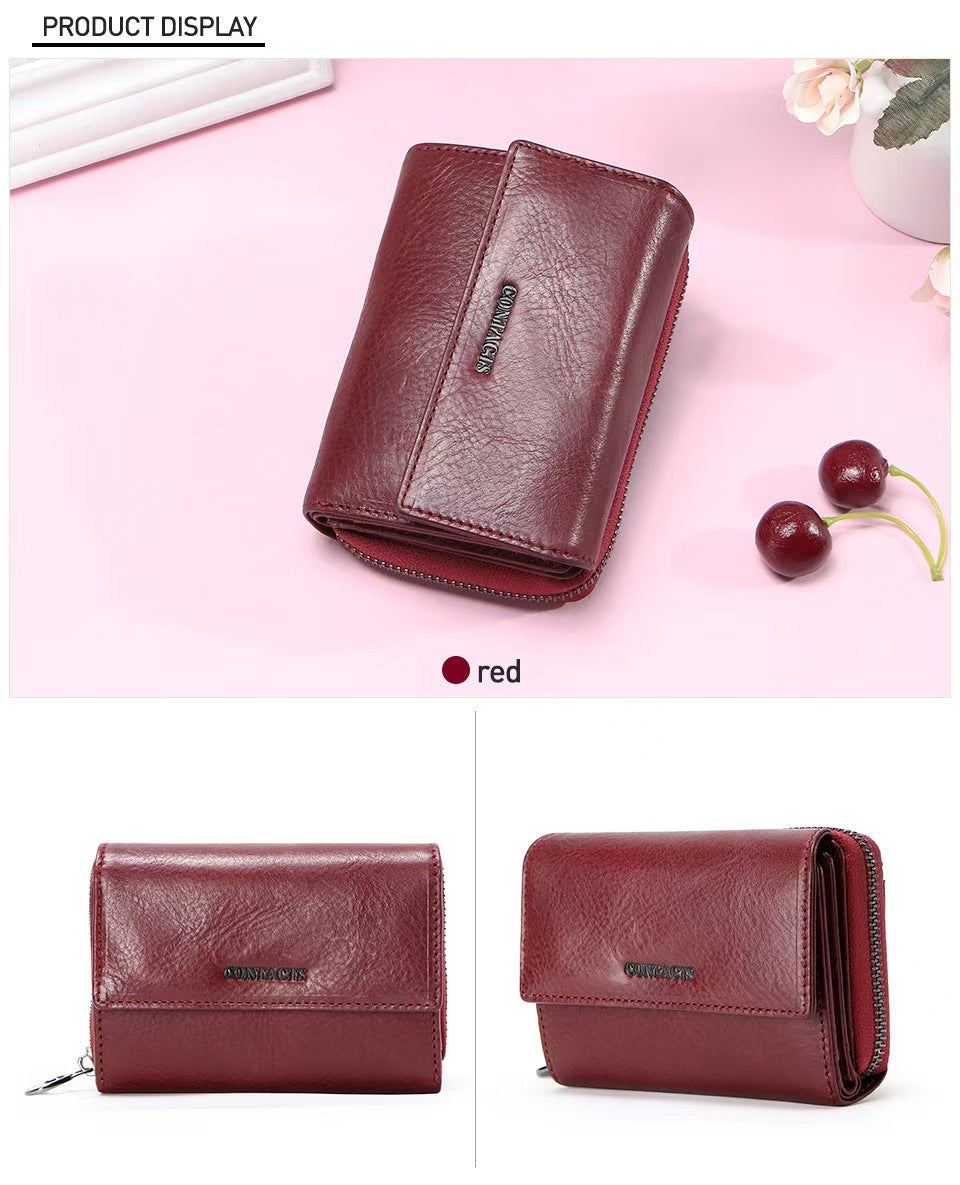 Genuine leather fashion anti-theft brush women's wallets rfid