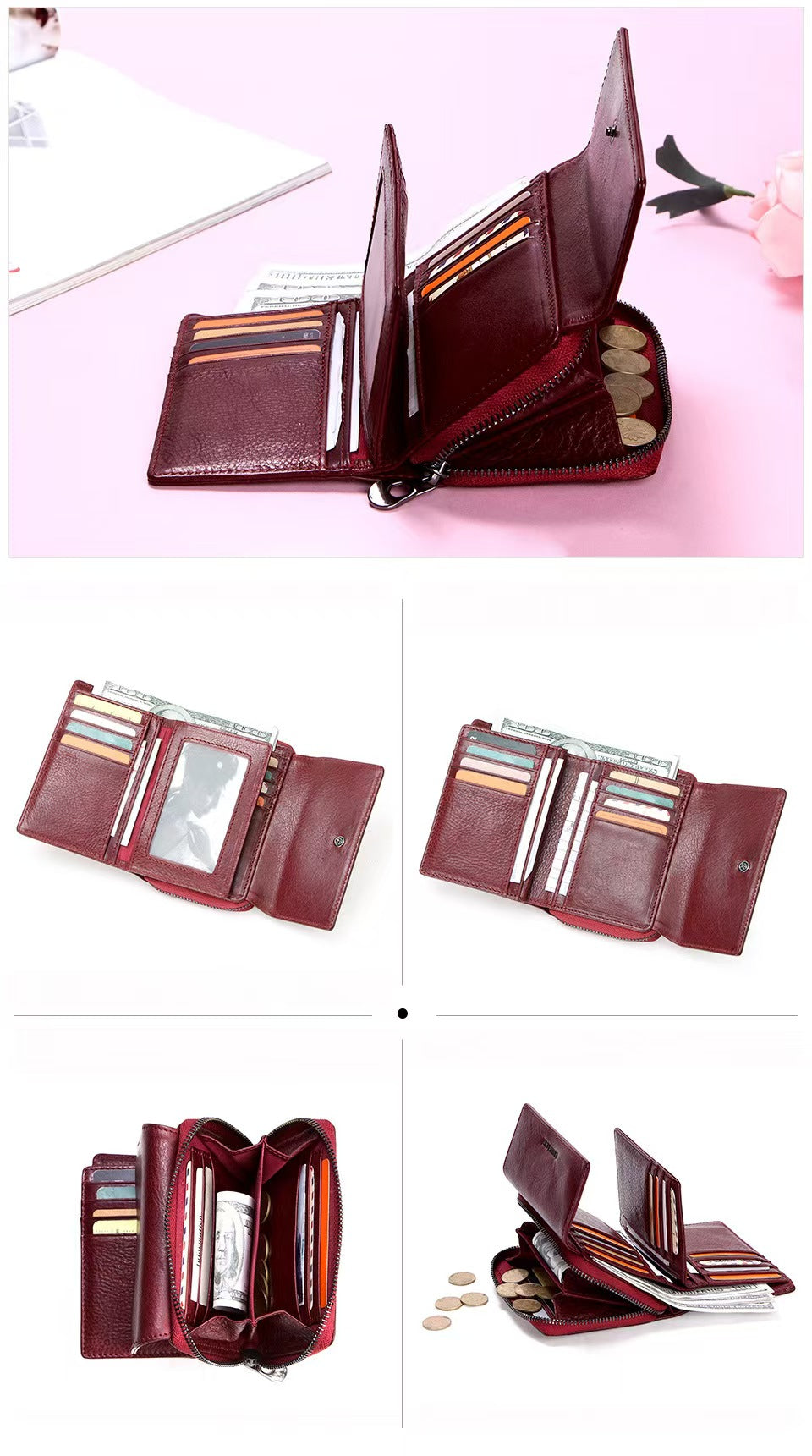 Genuine leather fashion anti-theft brush women's wallets rfid