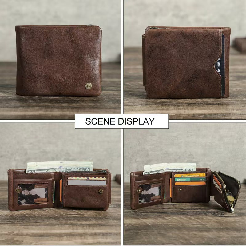 Trifold genuine leather Men RFID Blocking Wallet