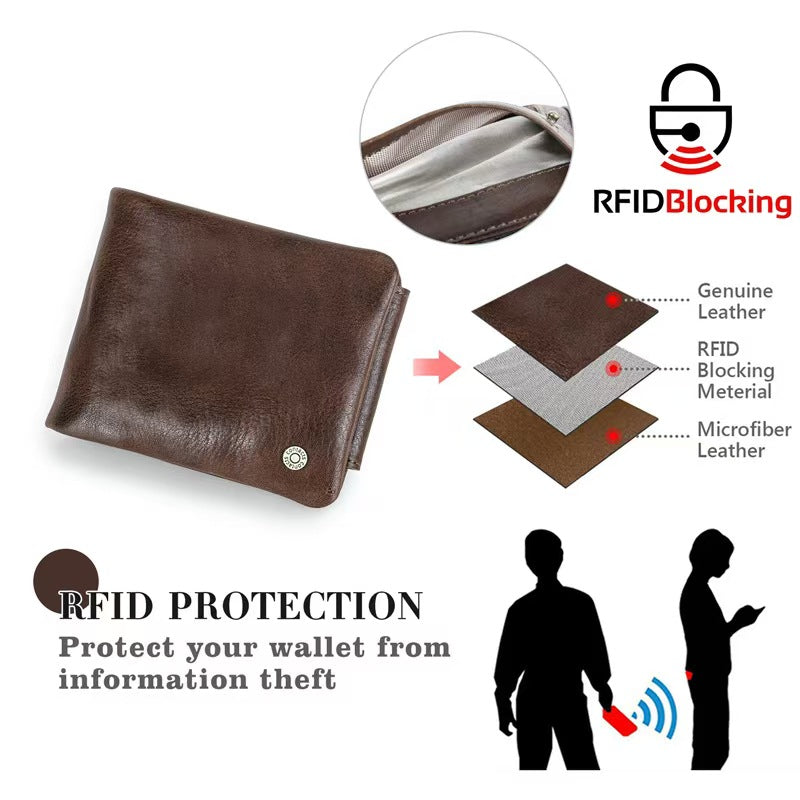 Trifold genuine leather Men RFID Blocking Wallet