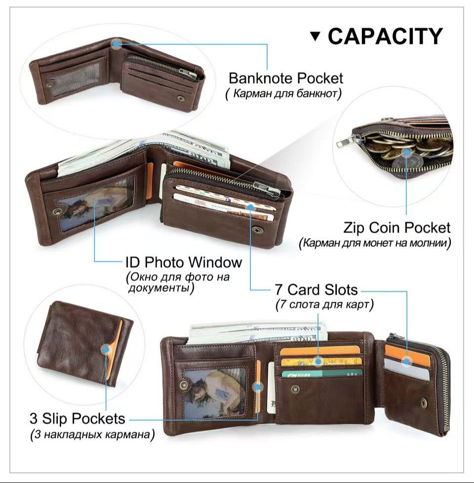 Trifold genuine leather Men RFID Blocking Wallet