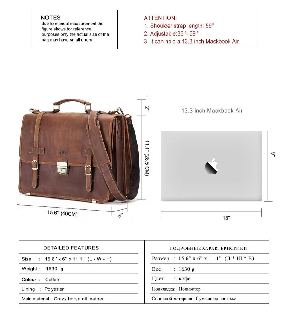 Luxury leather crossbody bag laptop briefcase